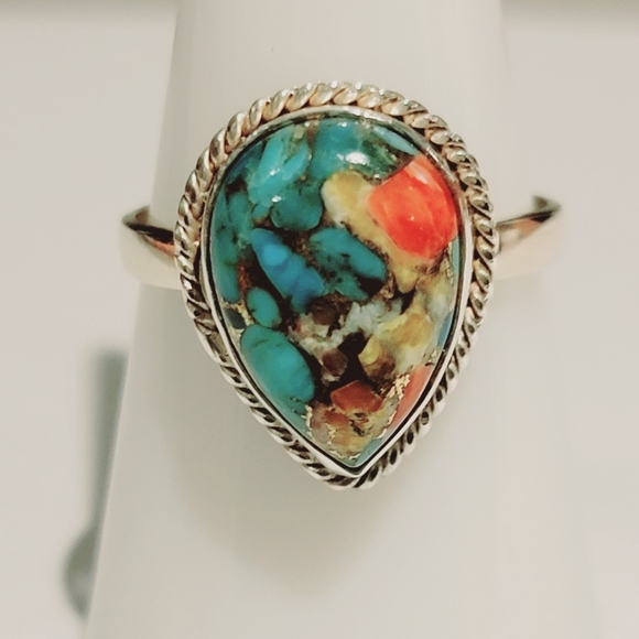 Vintage Jewelry - Native Copper Turquoise Gemstone Ring Size 8 Sterling Silver 925 Boho Jewelry